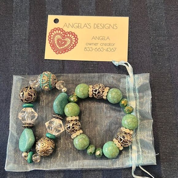 NWT Angelas Designs handmade Turquoise silver crystal & clear beaded bracelets - Picture 3 of 10